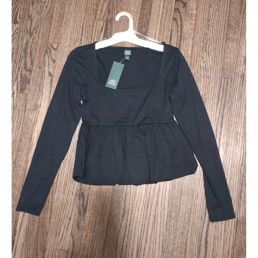 Wild Fable Target Women's Small Black Square Neck Babydoll Peplum Long Sleeve...